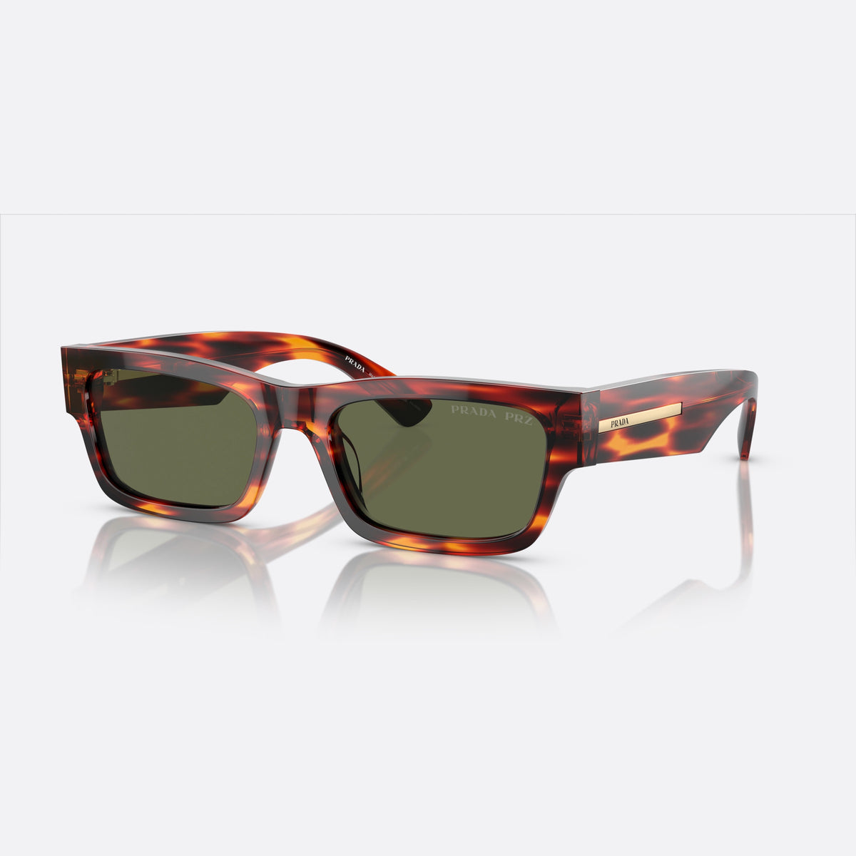 Prada PR A03S 13O-03R X sunglasses, havana rectangle frame for men, plain double bridge, brand lettering on temple