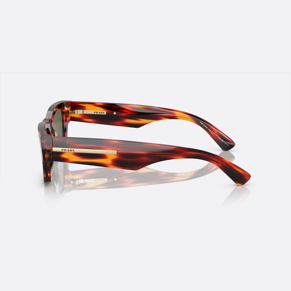 Prada PR A03S 13O-03R X sunglasses, havana rectangle frame for men, plain double bridge, brand lettering on temple, side view