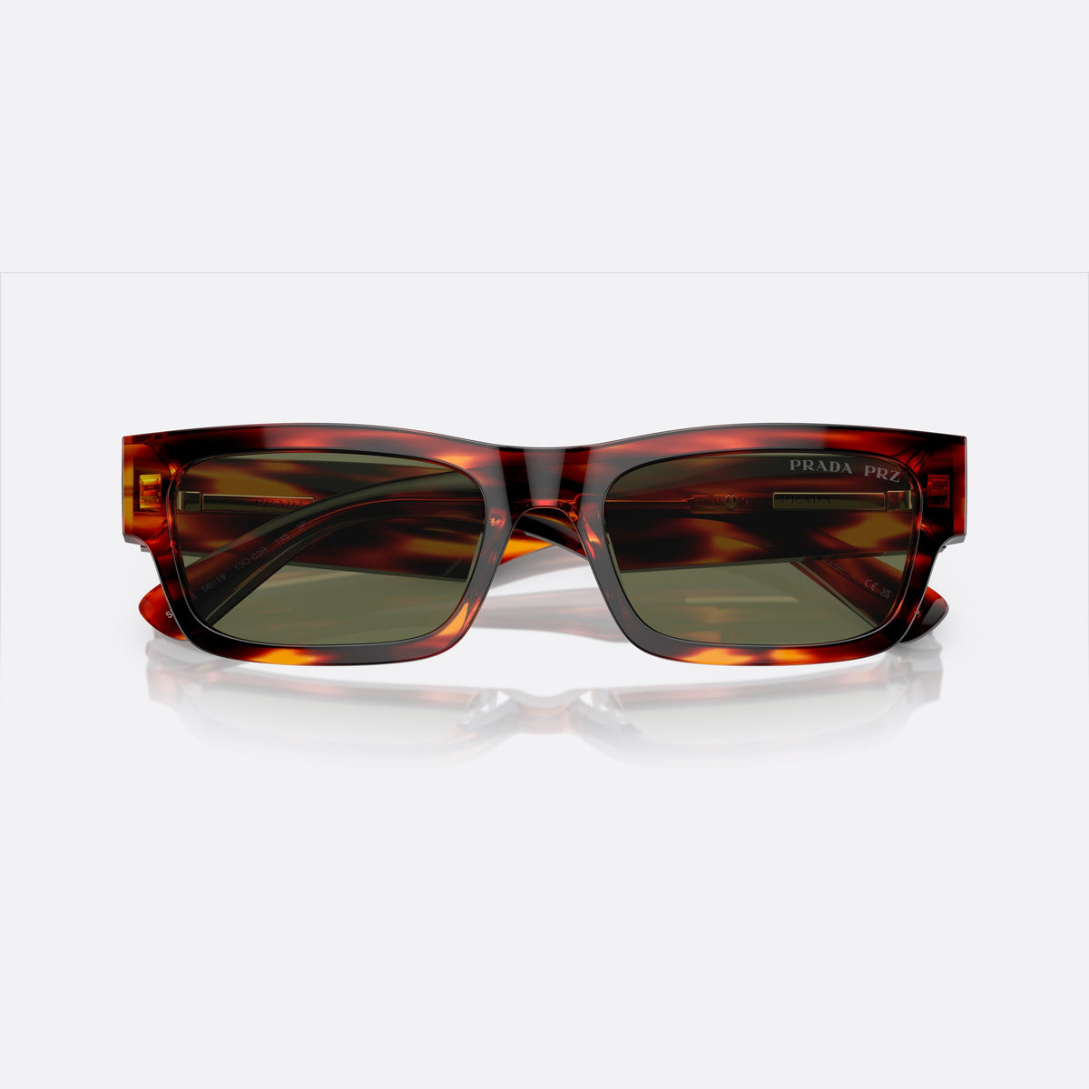 Prada PR A03S 13O-03R X sunglasses, havana rectangle frame for men, plain double bridge, brand lettering on temple, folded