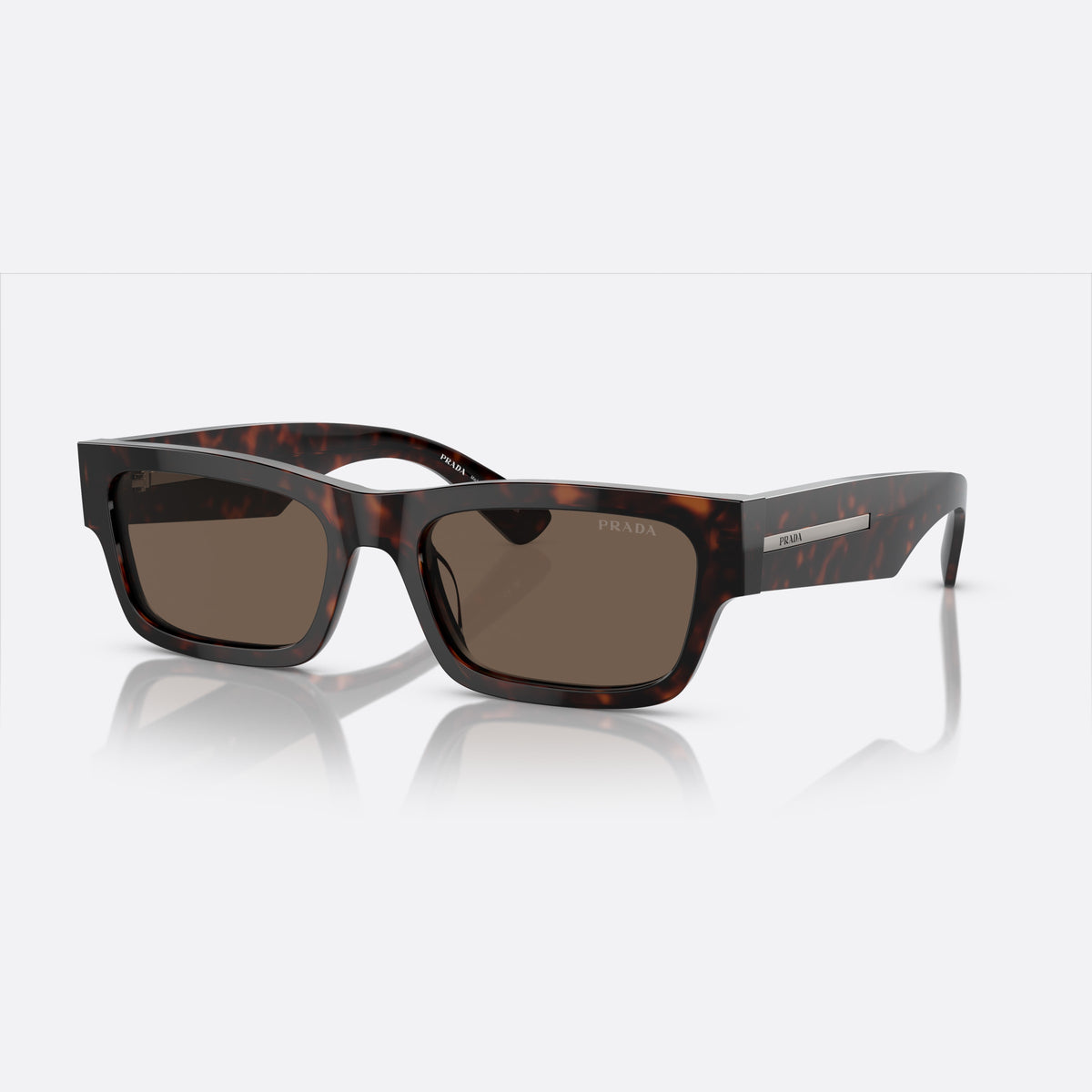 Prada PR A03S 17N/08T sunglasses, havana rectangular frame for men, plain bridge, brand lettering on temple