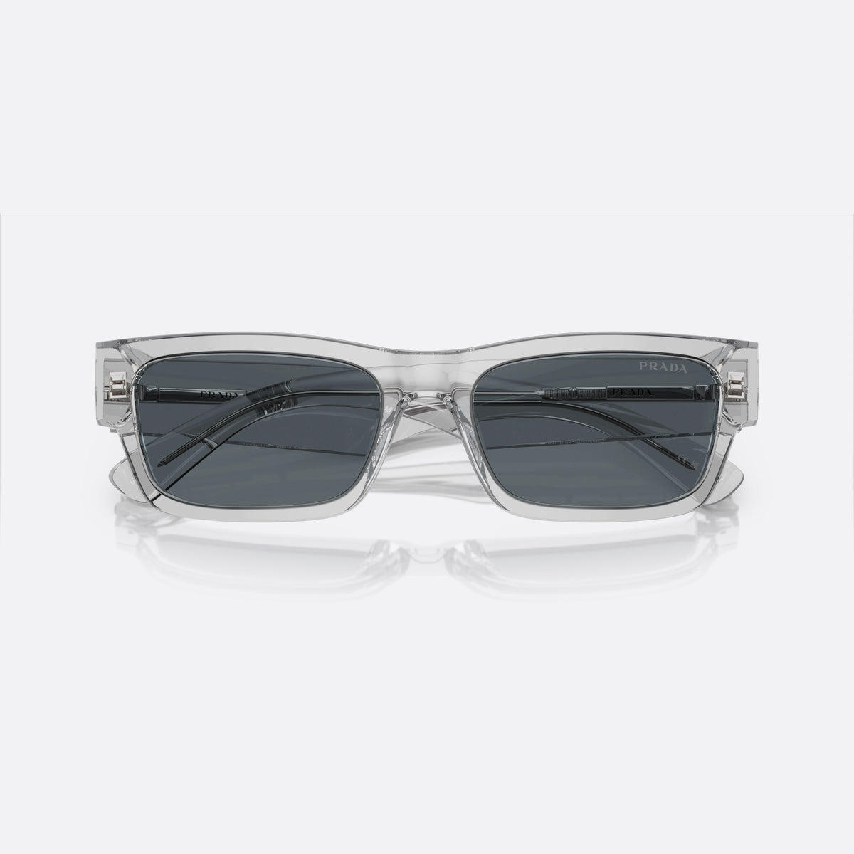 Ochelari de soare Prada PR A03S 17P-0A9, rectangulari gri, pentru bărbați, punte simplă, litere ale brandului pe brațe, ramă completă, cu brațele pliate