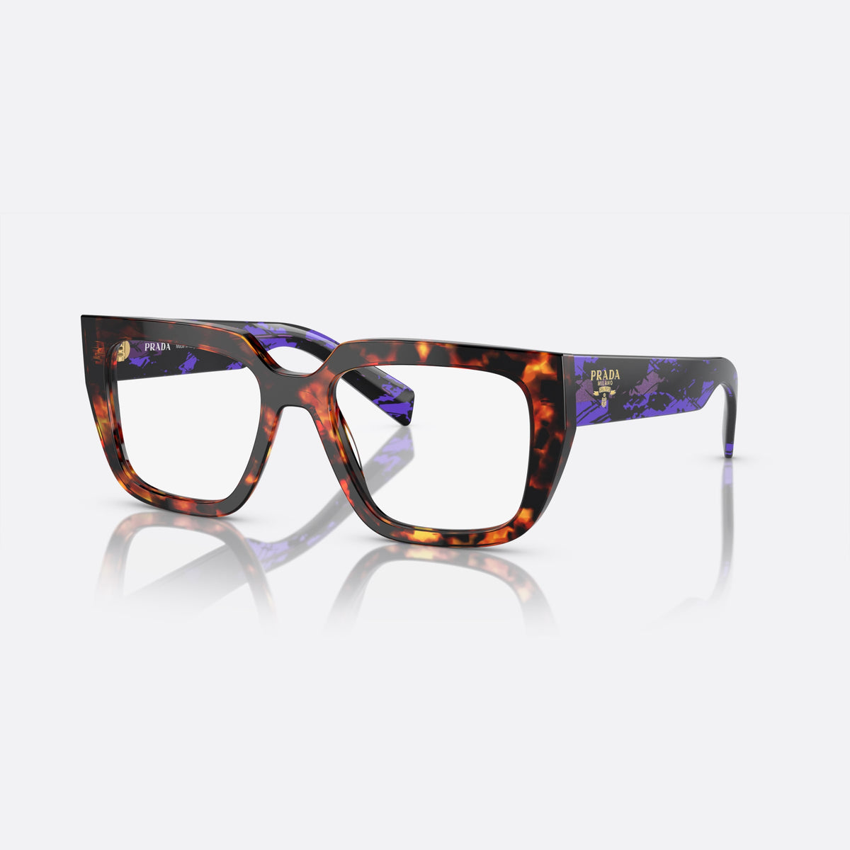 Rame ochelari de vedere Prada PR A03V 14O-1O1 K, patrati havana, pentru femei, punte simplă tip șa, literele brandului pe brațe