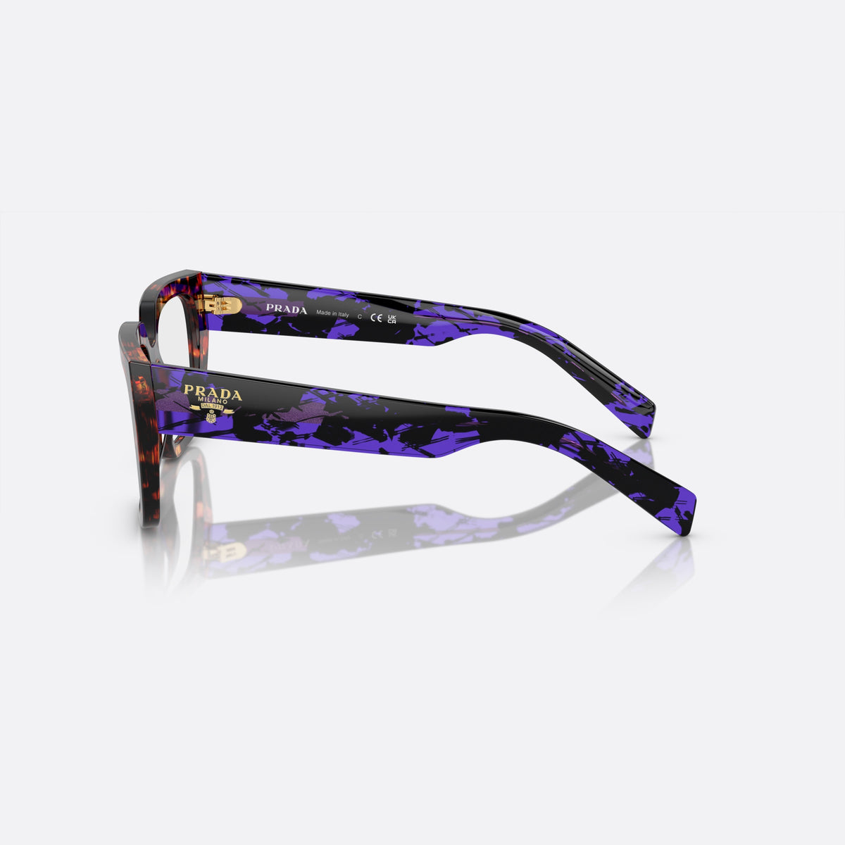 Prada PR A03V 14O-1O1 K eyeglasses, havana squared frame for women, plain saddle bridge, brand lettering on temples, side view