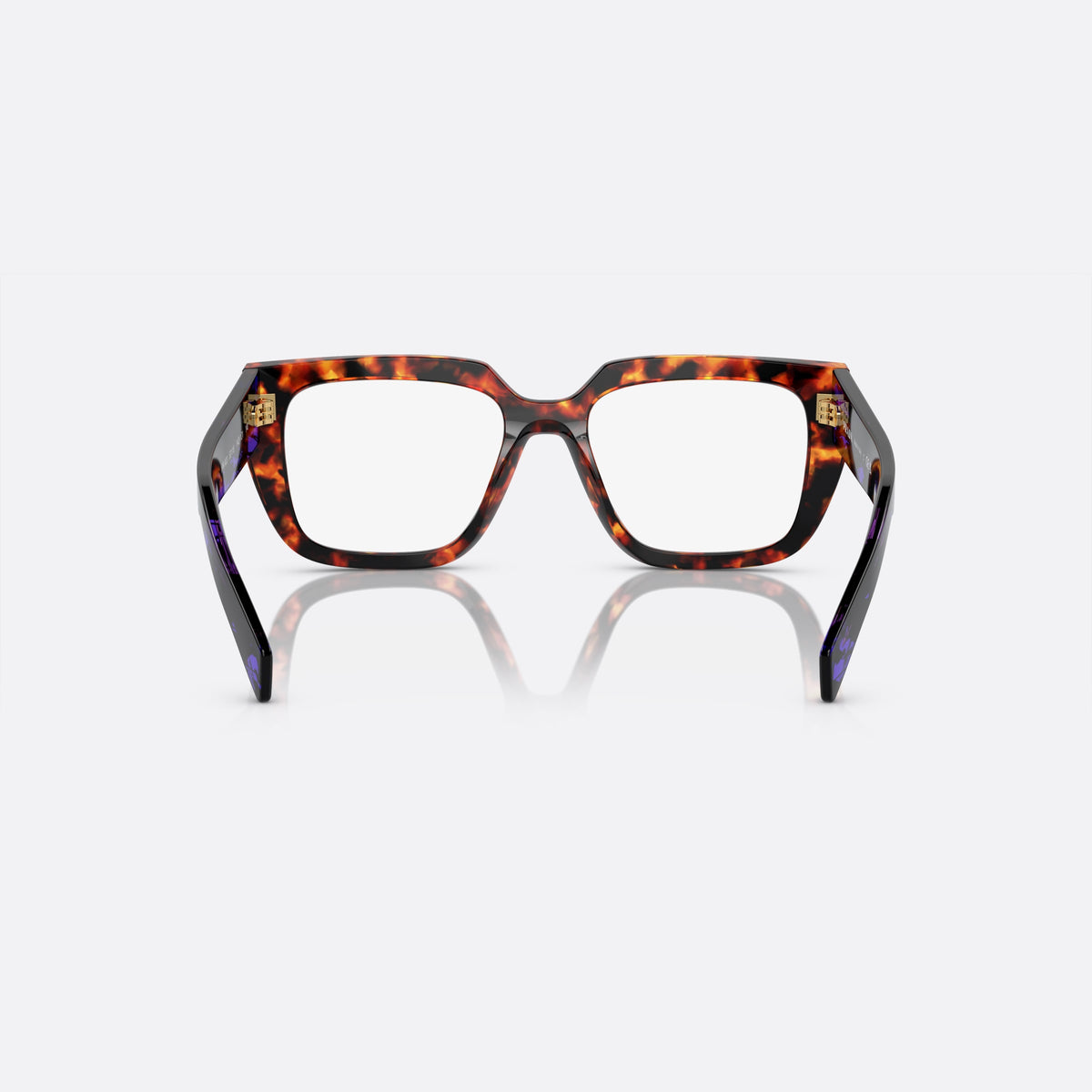 Prada PR A03V 14O-1O1 K eyeglasses, havana squared frame for women, plain saddle bridge, brand lettering on temples, back view