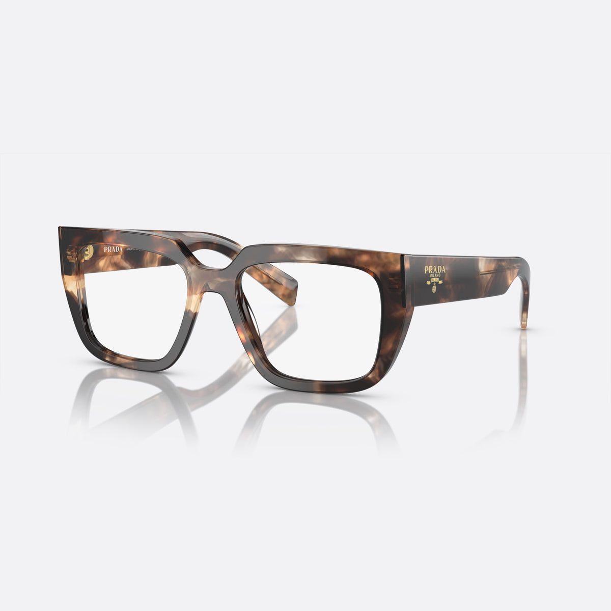 Prada PR A03V 14P-1O1 N eyeglasses, havana irregular frame for women, plain double bridge, brand lettering on temples