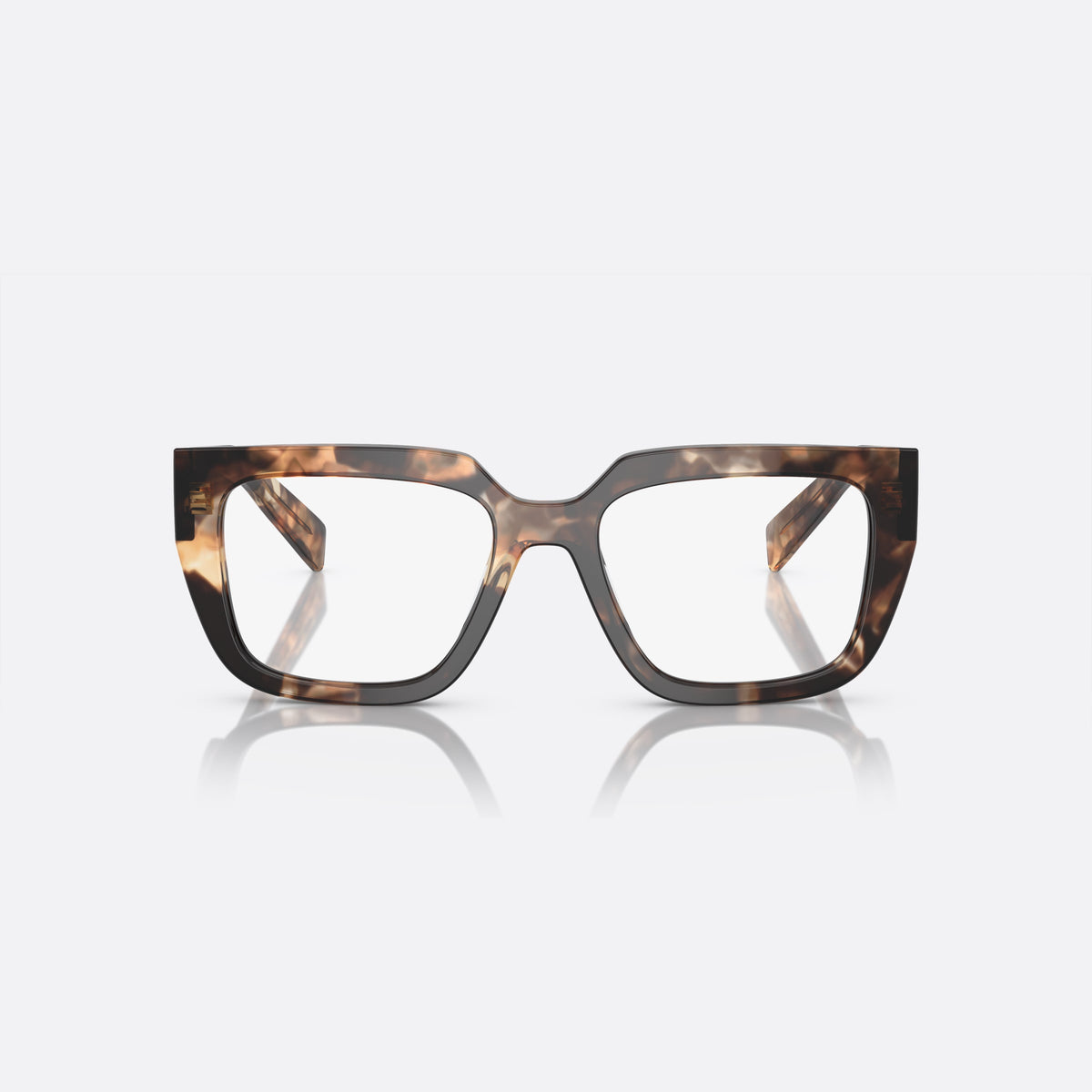 Prada PR A03V 14P-1O1 N eyeglasses, havana irregular frame for women, plain double bridge, brand lettering on temples