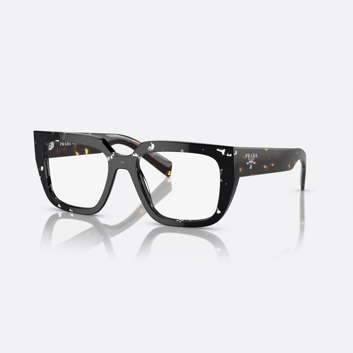 Prada PR A03V 15O-1O1 X eyeglasses, black squared frame for women, plain bridge, integrated into front, wide flat temples