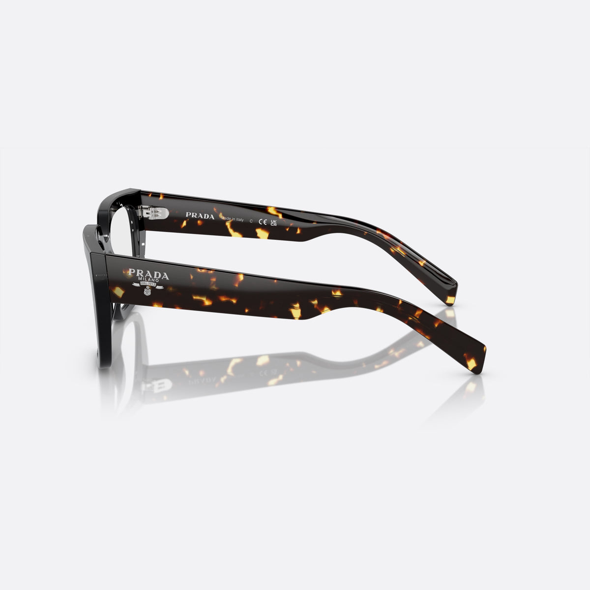 Prada PR A03V 15O-1O1 X eyeglasses, black squared frame for women, plain bridge, integrated into front, wide flat temples, side view