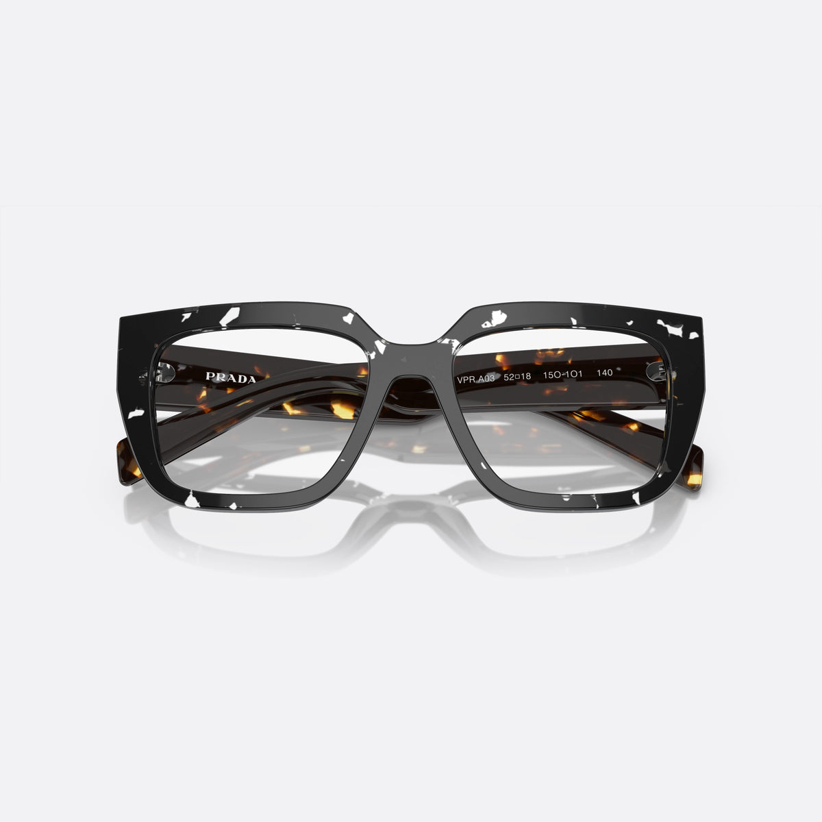 Prada PR A03V 15O-1O1 X eyeglasses, black squared frame for women, plain bridge, integrated into front, wide flat temples, folded