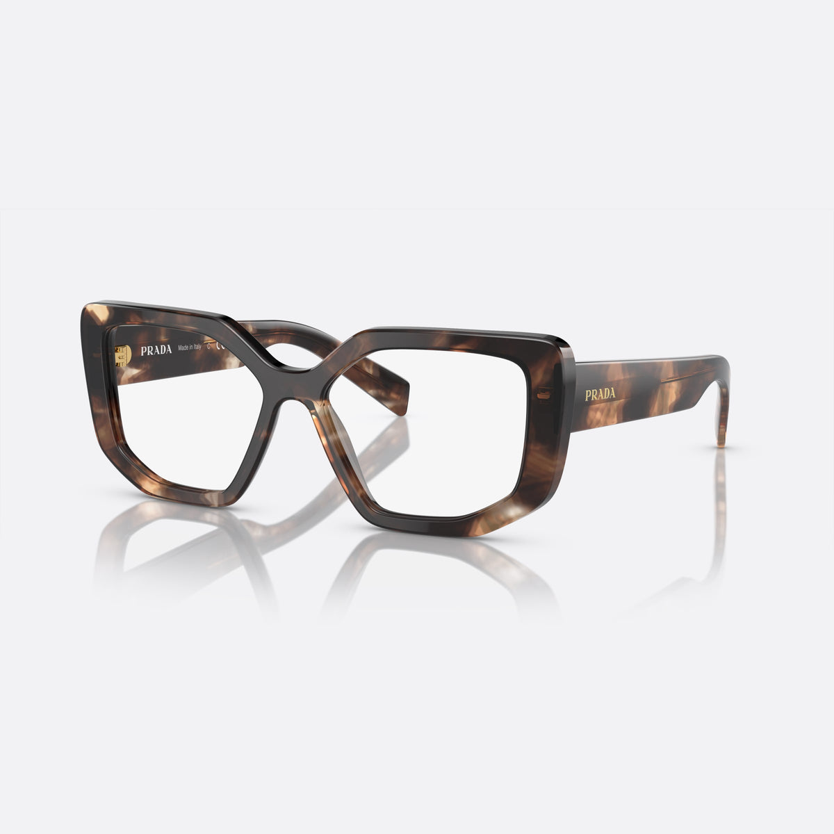 Prada PR A04V 07R-1O1 eyeglasses, havana geometric frame for women, plain bridge, integrated into front, wide tapered temples