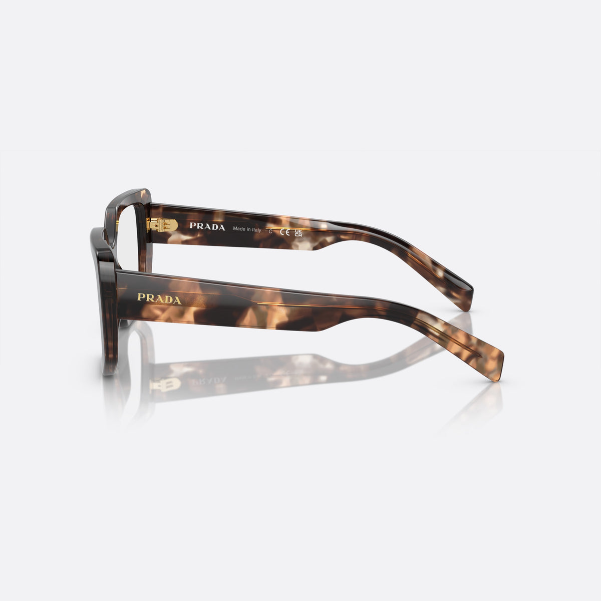 Prada PR A04V 07R-1O1 eyeglasses, havana geometric frame for women, plain bridge, integrated into front, wide tapered temples, side view
