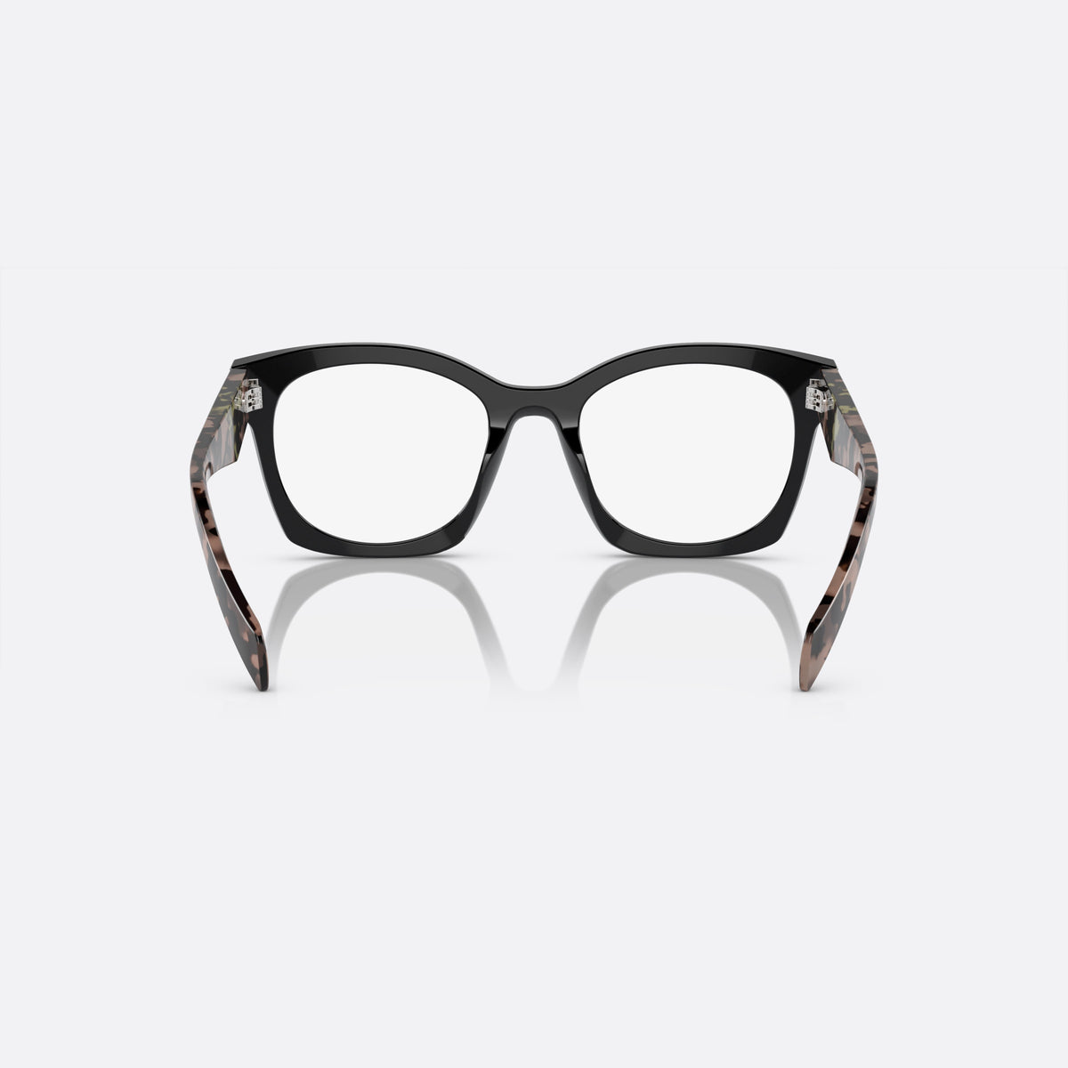 Prada PR A05V 13P-1O1 eyeglasses, black butterfly frame for women, keyhole bridge, brand lettering on the temples, back view
