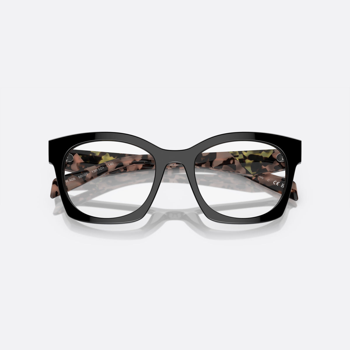 Prada PR A05V 13P-1O1 eyeglasses, black butterfly frame for women, keyhole bridge, brand lettering on the temples, folded