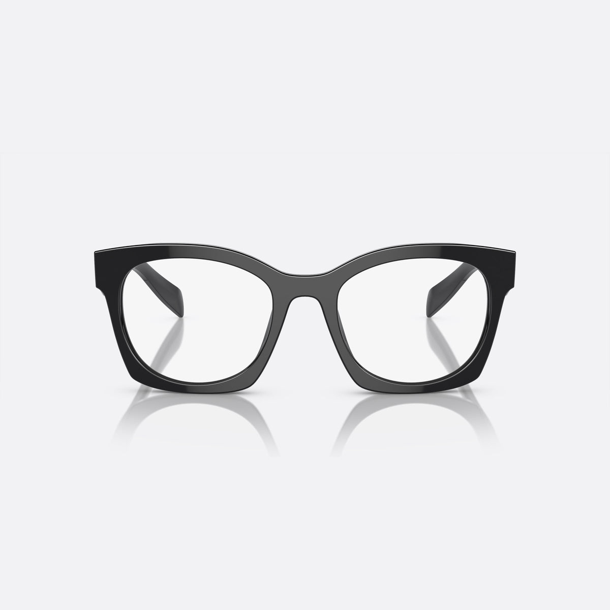 Prada PR A05V 16K-1O1 M eyeglasses, black butterfly frame for women, plain saddle bridge, brand lettering on temples, front view