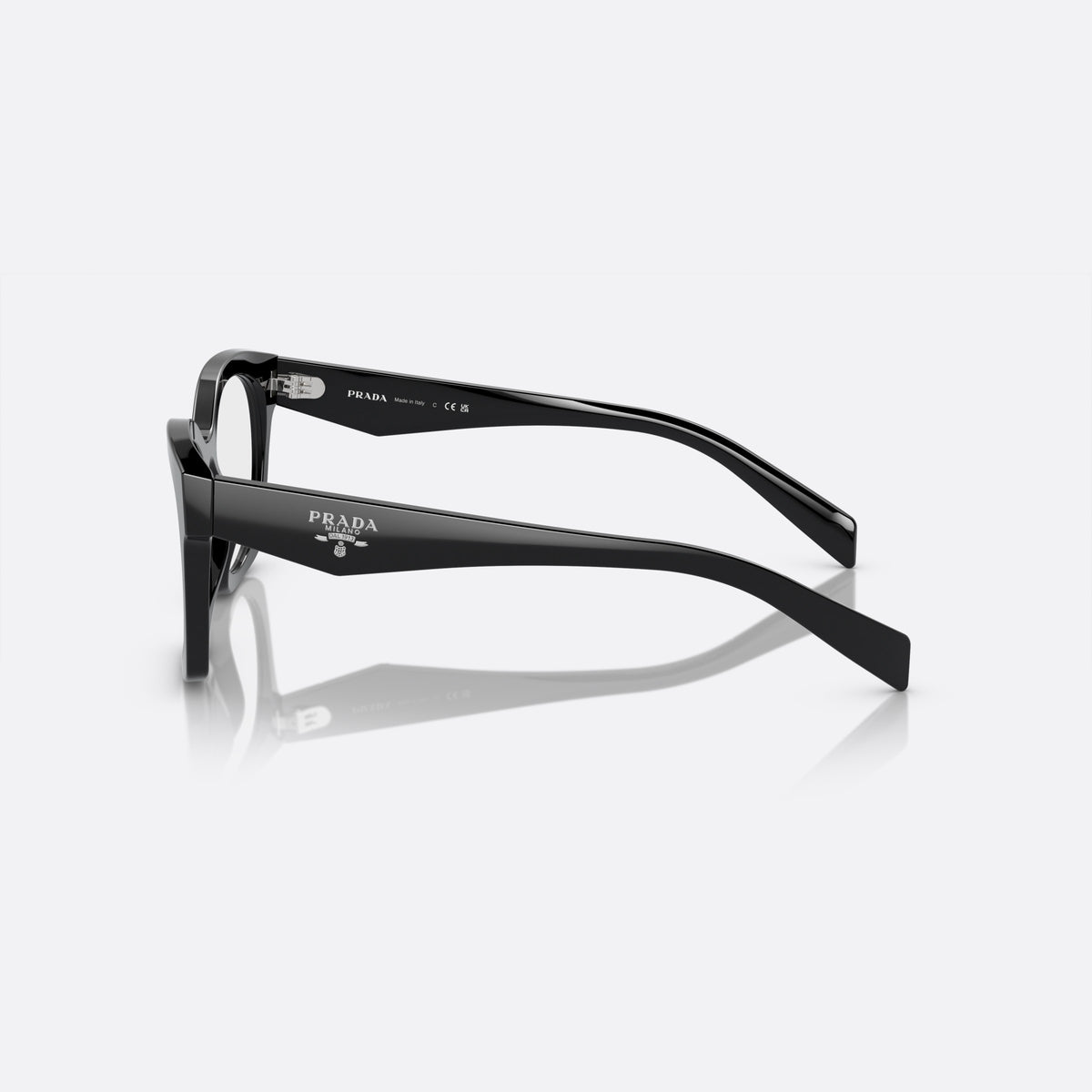 Prada PR A05V 16K-1O1 M eyeglasses, black butterfly frame for women, plain saddle bridge, brand lettering on temples, side view