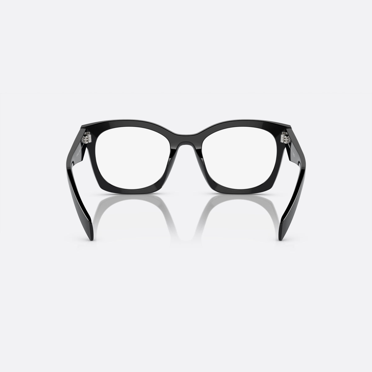 Prada PR A05V 16K-1O1 M eyeglasses, black butterfly frame for women, plain saddle bridge, brand lettering on temples, back view