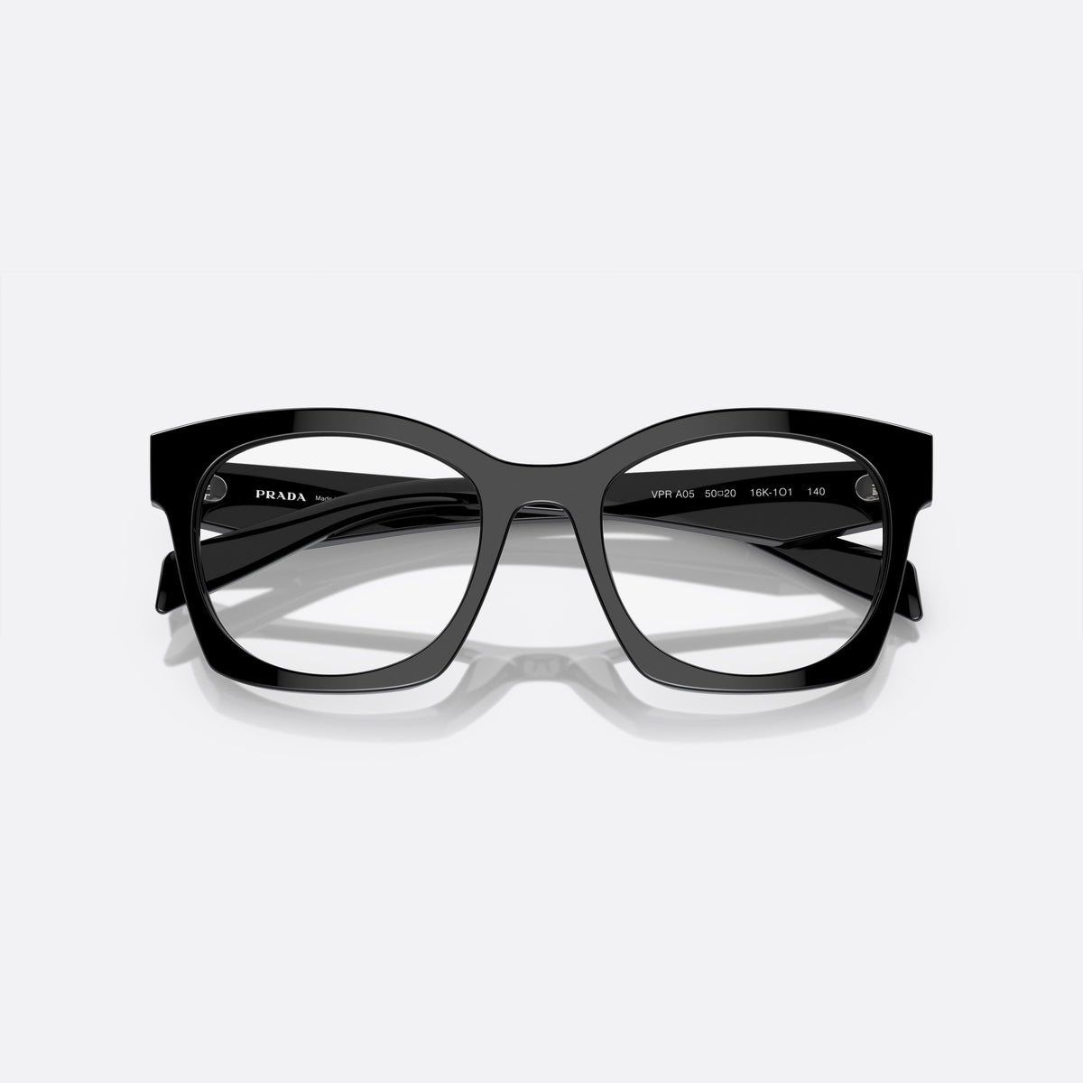 Prada PR A05V 16K-1O1 M eyeglasses, black butterfly frame for women, plain saddle bridge, brand lettering on temples, folded