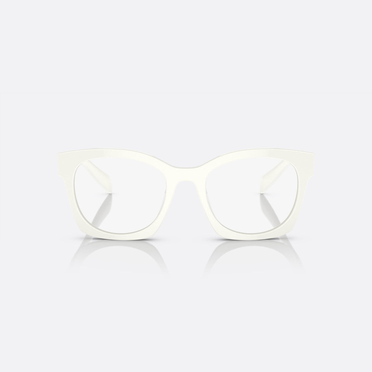 Prada PR A05V 17K-1O1 A eyeglasses, white butterfly frame for women, plain integrated bridge, brand lettering on temples, front view
