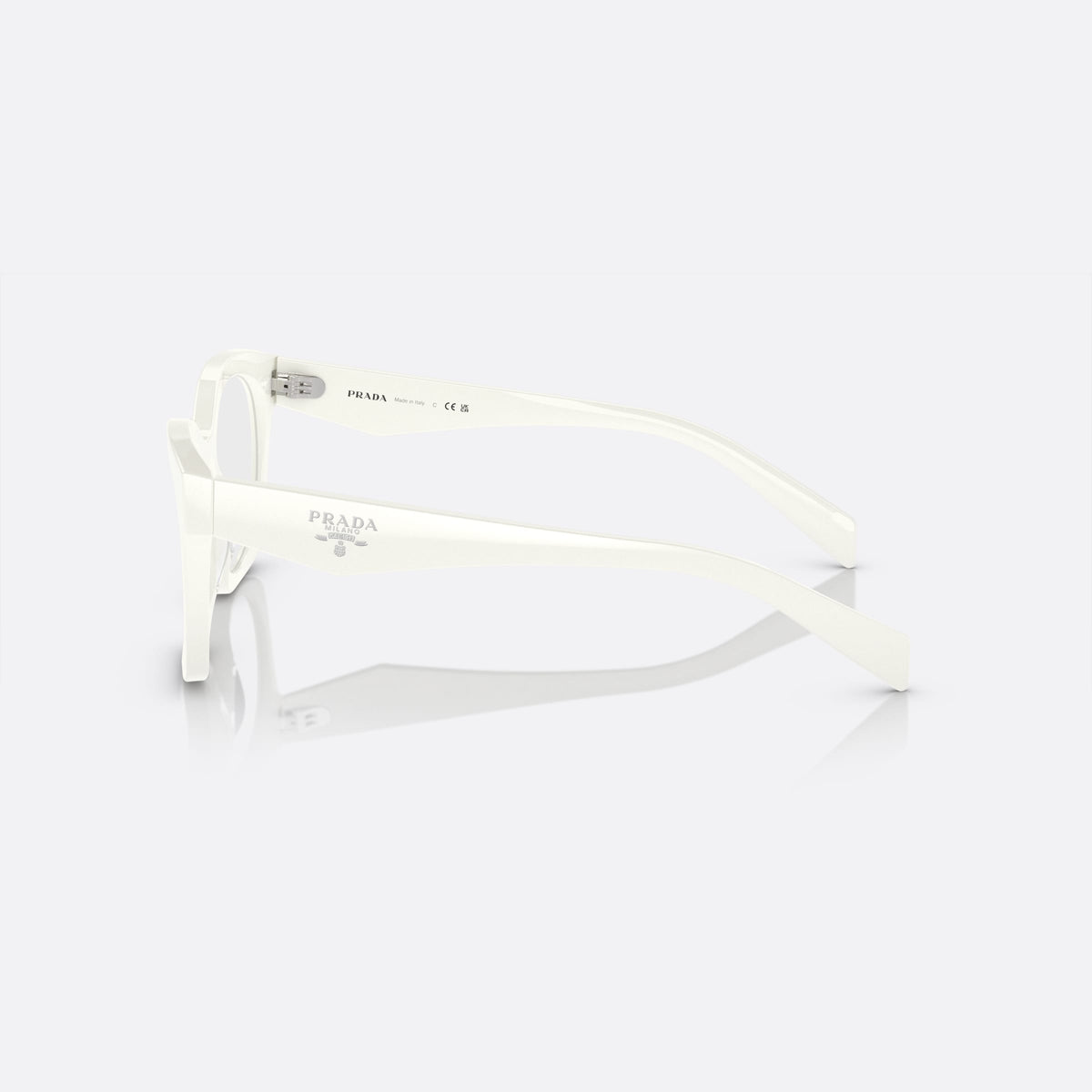 Prada PR A05V 17K-1O1 A eyeglasses, white butterfly frame for women, plain integrated bridge, brand lettering on temples, side view