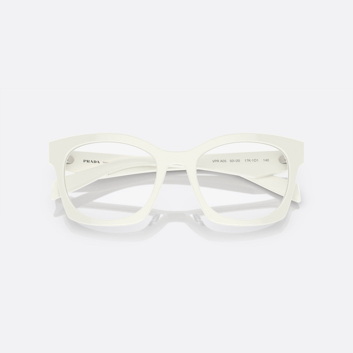 Prada PR A05V 17K-1O1 A eyeglasses, white butterfly frame for women, plain integrated bridge, brand lettering on temples, folded
