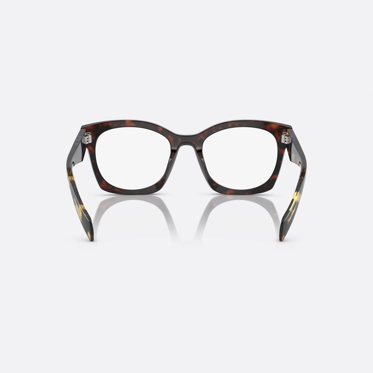 Prada PR A05V 17N-1O1 L eyeglasses, havana butterfly frame for women, plain bridge, integrated design, brand plaque on temple, back view