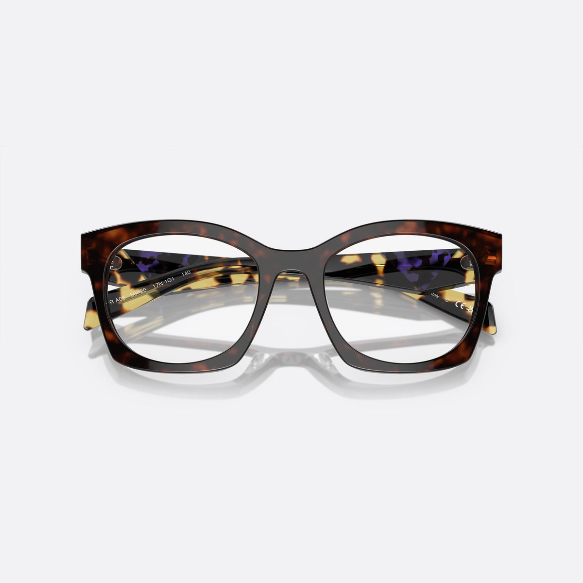 Prada PR A05V 17N-1O1 L eyeglasses, havana butterfly frame for women, plain bridge, integrated design, brand plaque on temple, folded