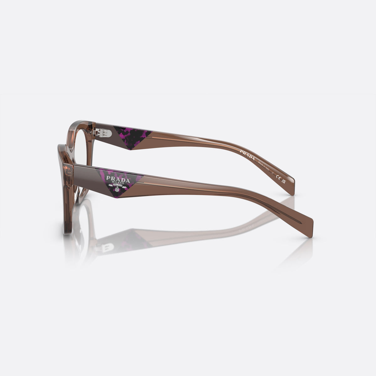 Prada PR A05V 17O-1O1 eyeglasses, brown butterfly frame for women, plain bridge, brand lettering on temples, full-rim frame, side view