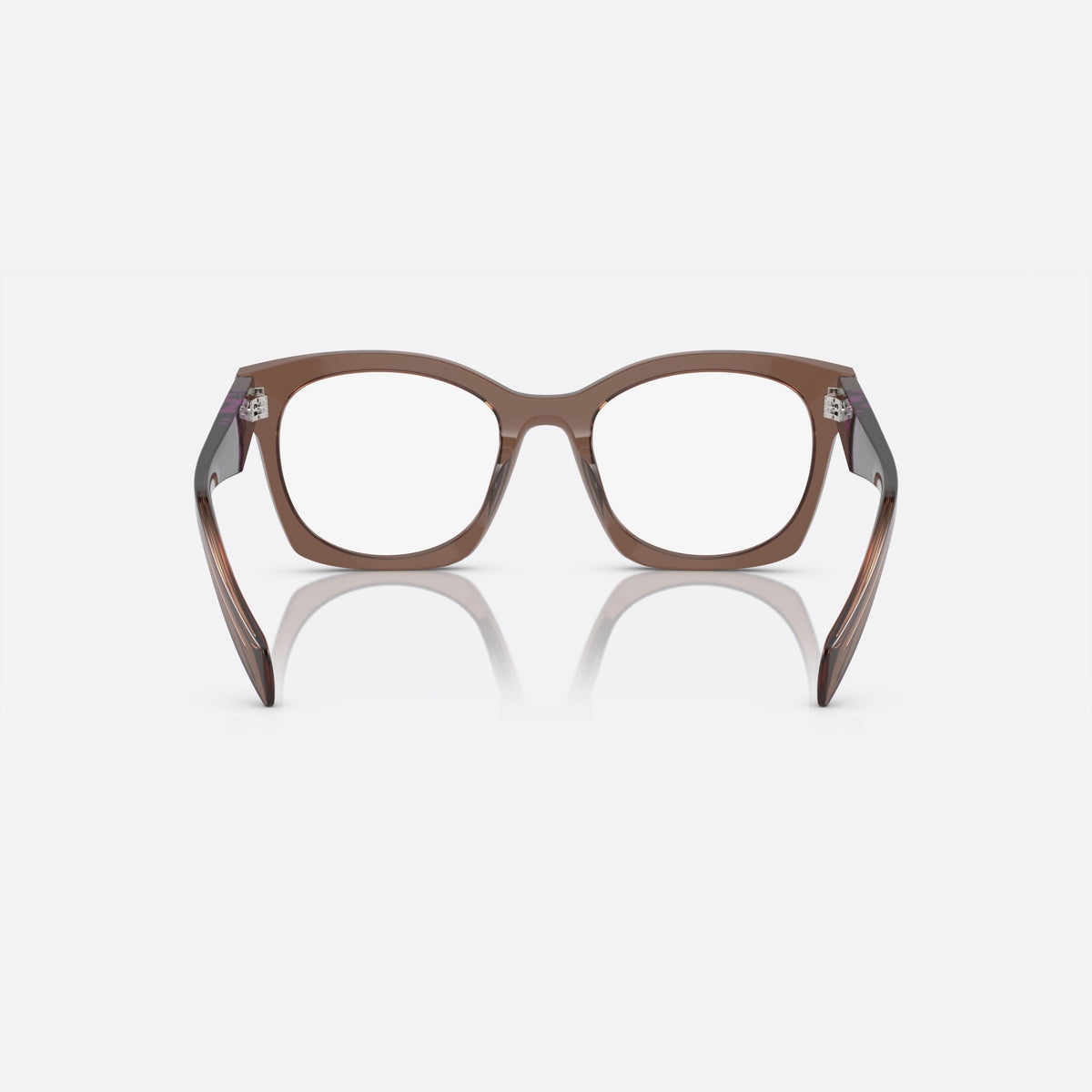 Prada PR A05V 17O-1O1 eyeglasses, brown butterfly frame for women, plain bridge, brand lettering on temples, full-rim frame, back view