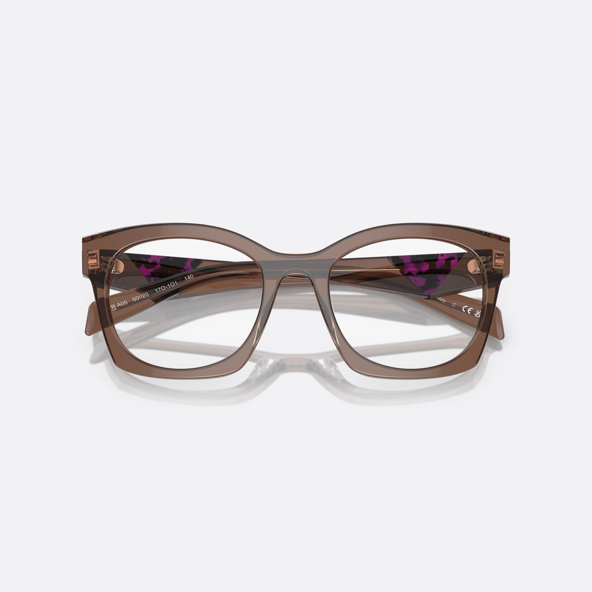 Prada PR A05V 17O-1O1 eyeglasses, brown butterfly frame for women, plain bridge, brand lettering on temples, full-rim frame, folded