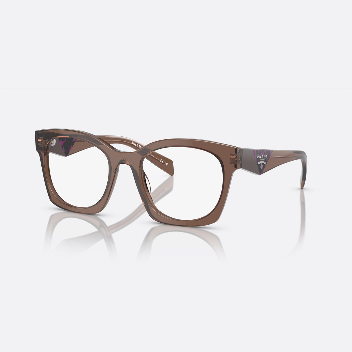 Prada PR A05V 17O-1O1 eyeglasses, brown butterfly frame for women, plain integrated bridge, brand lettering on temples