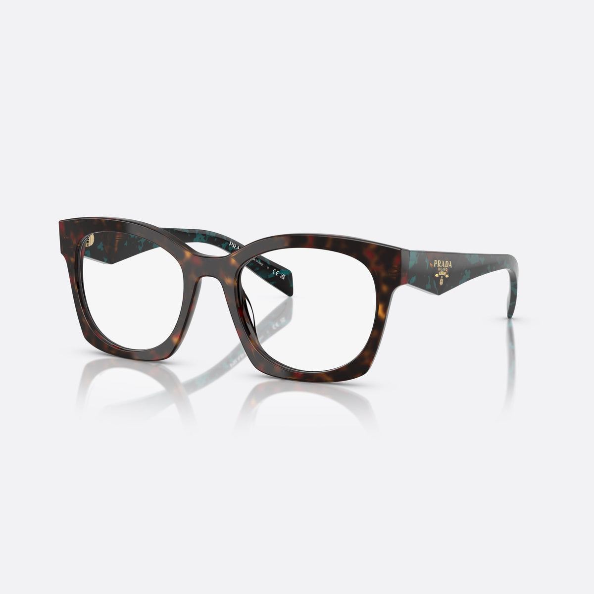 Prada PR A05V 18Z1O1 eyeglasses, havana butterfly frame for women, plain double bridge, brand lettering on temples
