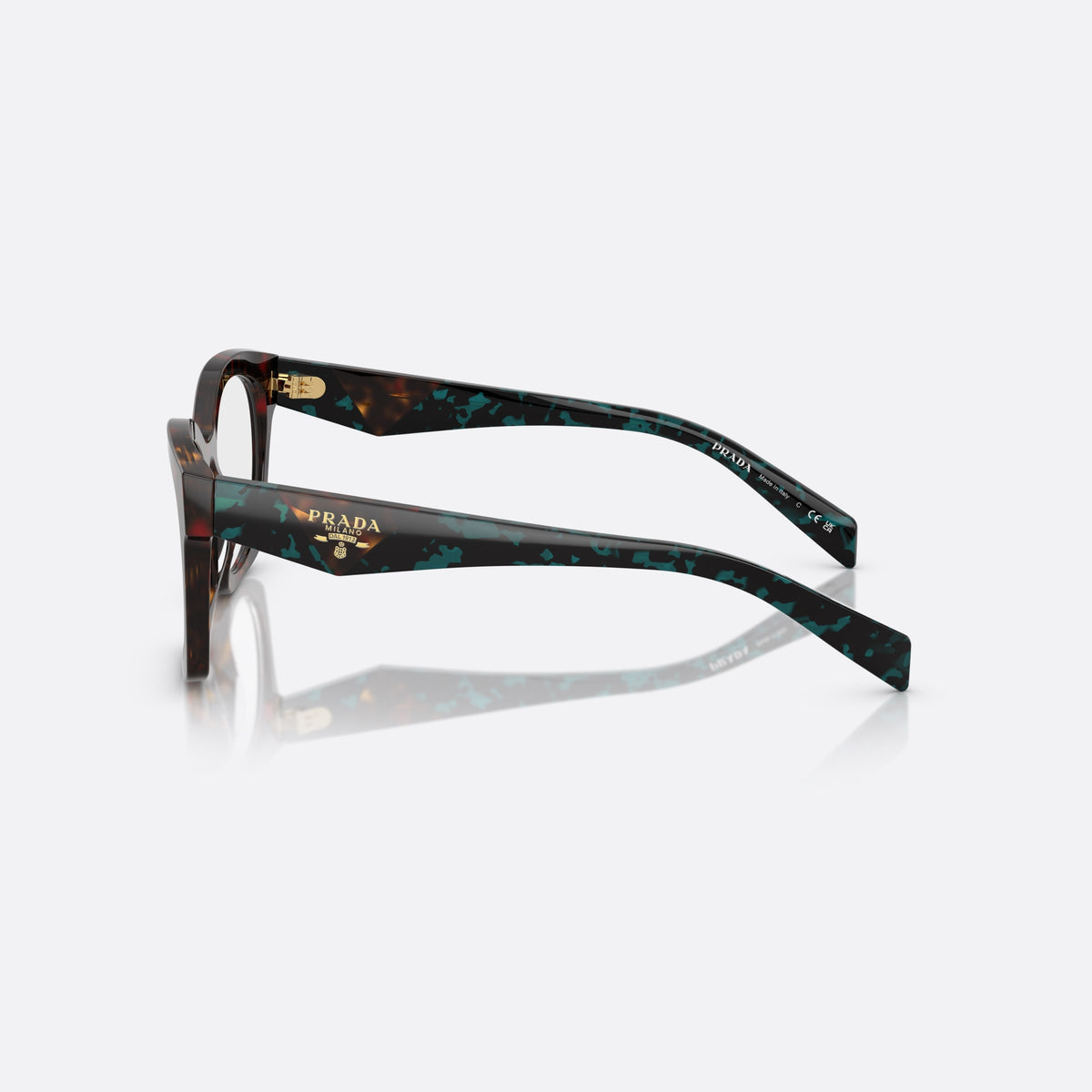 Prada PR A05V 18Z1O1 eyeglasses, havana butterfly frame for women, plain double bridge, brand lettering on temples, side view