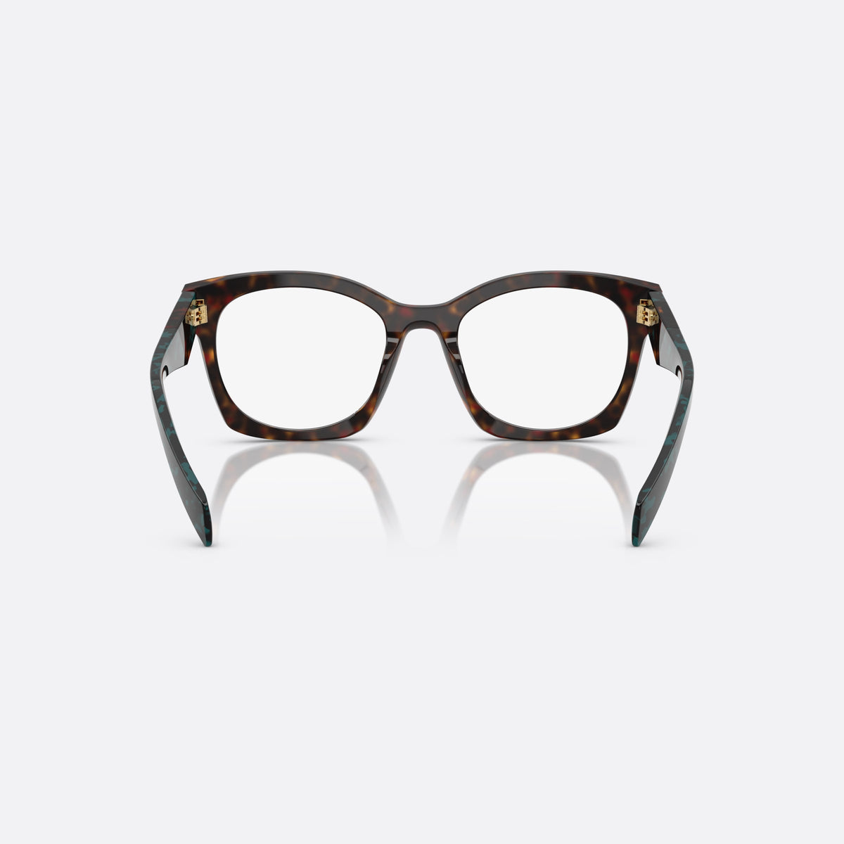 Prada PR A05V 18Z1O1 eyeglasses, havana butterfly frame for women, plain double bridge, brand lettering on temples, back view