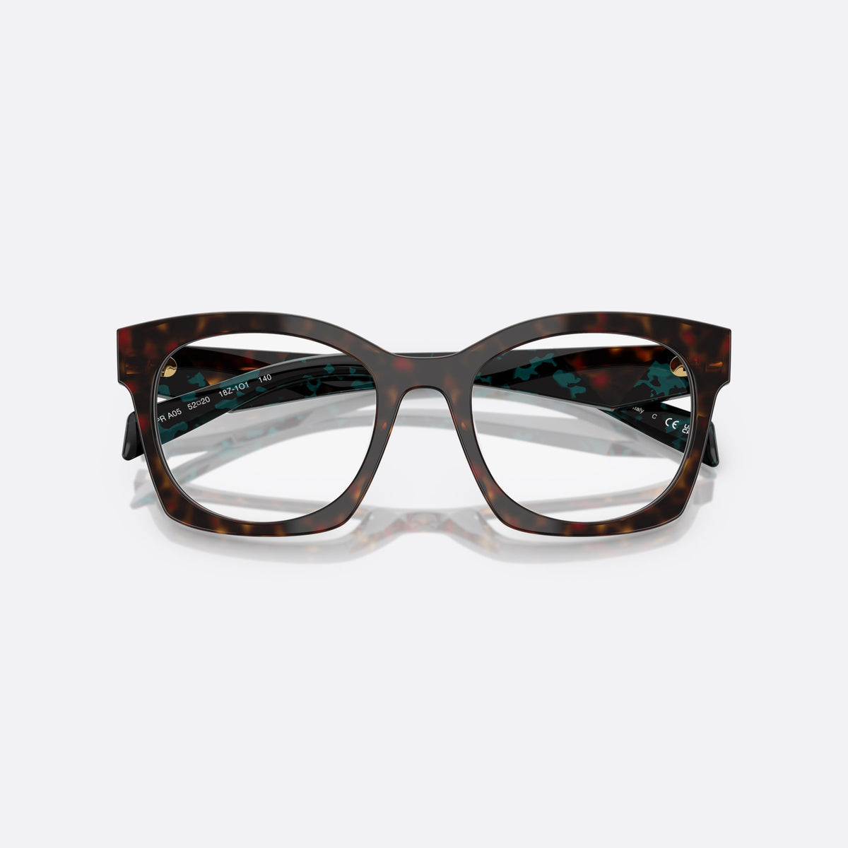 Prada PR A05V 18Z1O1 eyeglasses, havana butterfly frame for women, plain double bridge, brand lettering on temples, folded