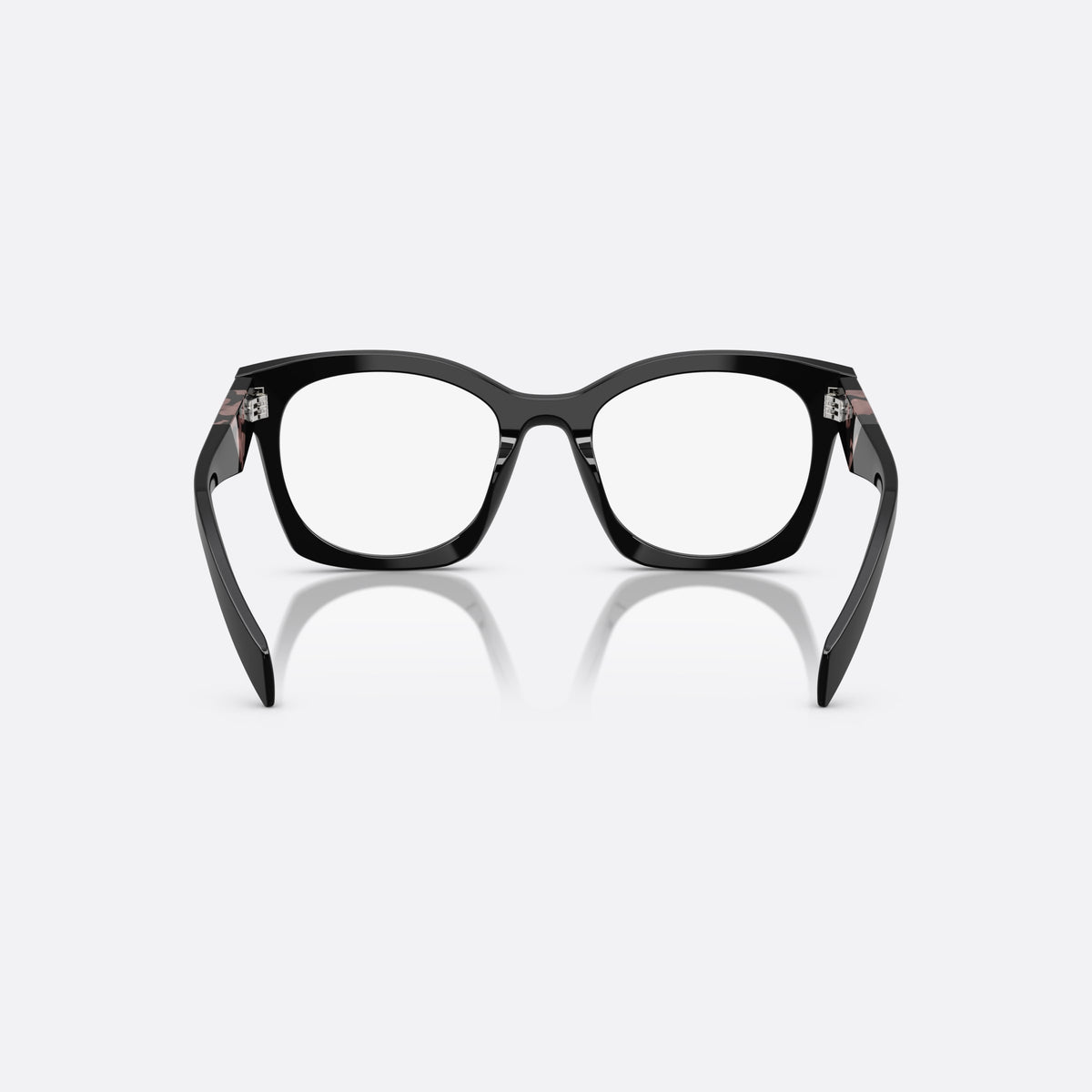 Prada PR A05V 27A1O1 eyeglasses, black butterfly frame for women, plain bridge, integrated with rims, slim tapered temples, back view