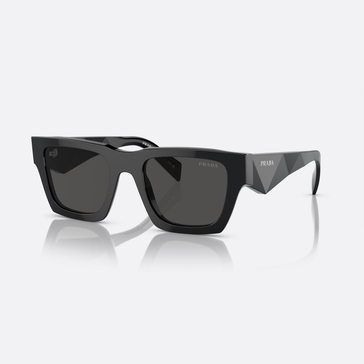 Prada PR A06S 16K-08Z B sunglasses, black pillow frame for men, plain solid bridge, brand logo on temple
