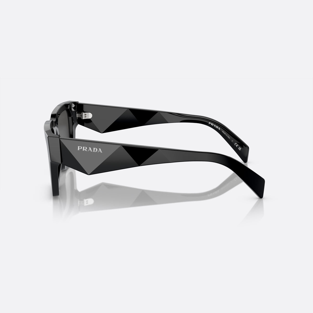 Prada PR A06S 16K-08Z B sunglasses, black pillow frame for men, plain solid bridge, brand logo on temple, side view