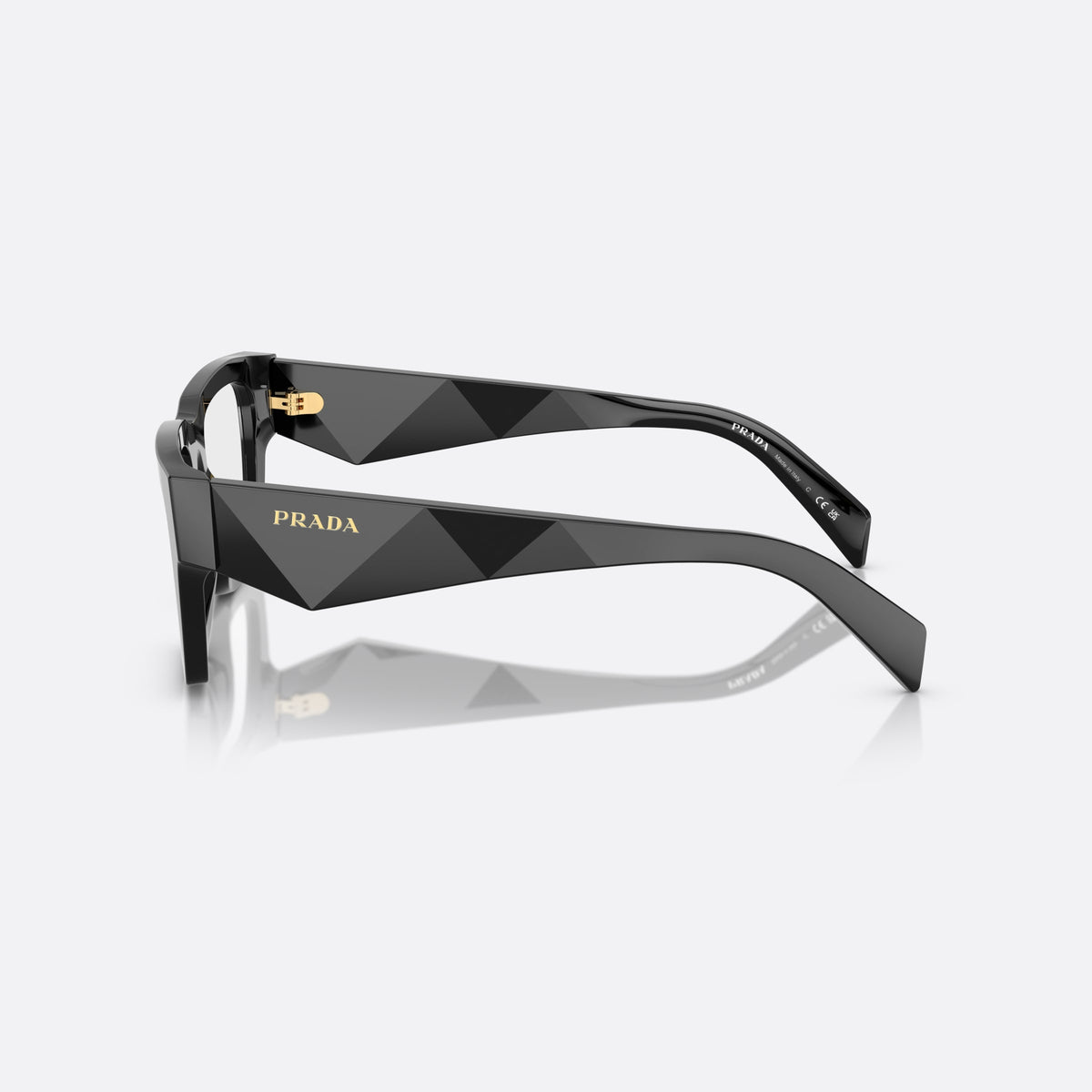 Prada PR A06S 16K08N BL sunglasses, black pantos frame for men, plain bridge, integrated into front, full-rim thick frame, side view