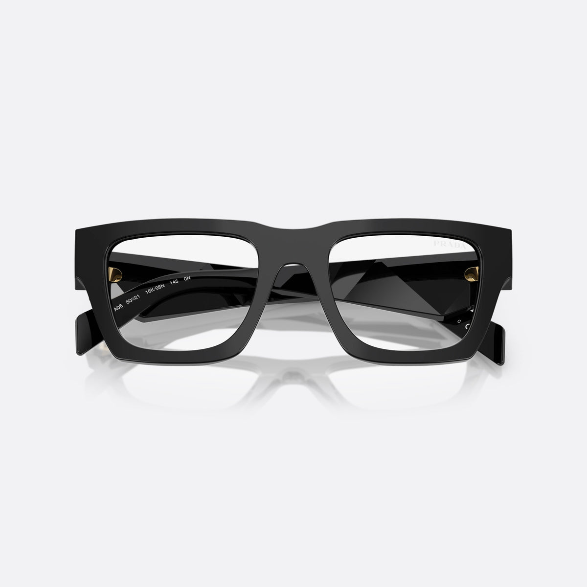 Prada PR A06S 16K08N BL sunglasses, black pantos frame for men, plain bridge, integrated into front, full-rim thick frame, folded