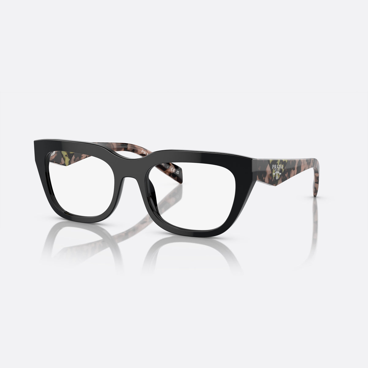 Prada PR A06V 13P-1O1 A eyeglasses, black irregular frame for women, plain integrated bridge, brand lettering on temples