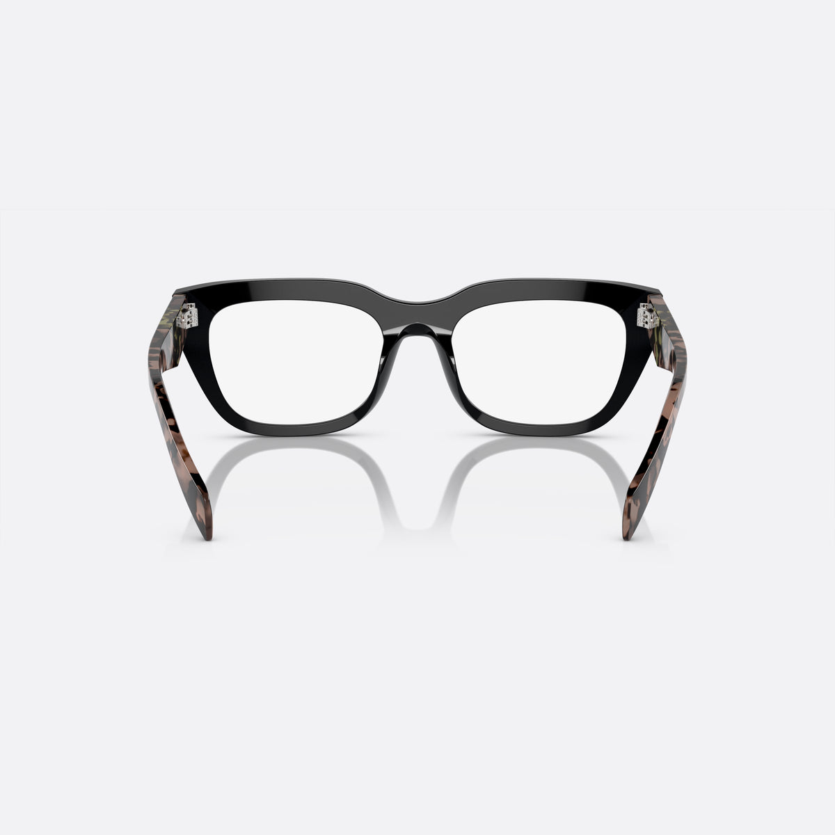 Prada PR A06V 13P-1O1 A eyeglasses, black irregular frame for women, plain integrated bridge, brand lettering on temples