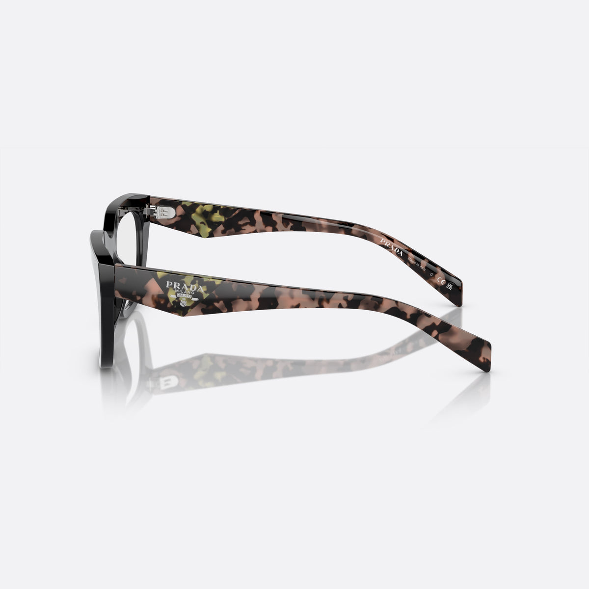 Prada PR A06V 13P-1O1 A eyeglasses, black geometric frame for women, plain bridge, integrated into front, full-rim frame, side view