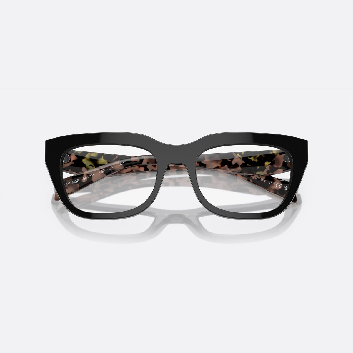 Prada PR A06V 13P-1O1 A eyeglasses, black geometric frame for women, plain bridge, integrated into front, full-rim frame, folded