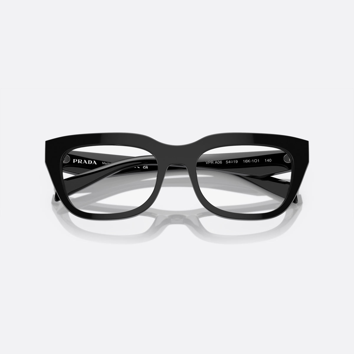 Rame ochelari de vedere Prada PR A06V 16K-1O1 M, geometrica negru, pentru femei, punte simplă integrată, literele brandului pe brațe, cu brațele pliate