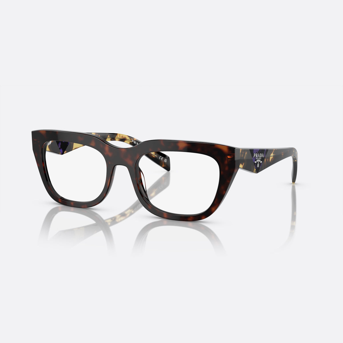 Prada PR A06V 17N-1O1 L eyeglasses, havana geometric frame for women, plain bridge, brand lettering on temples, full-rim frame