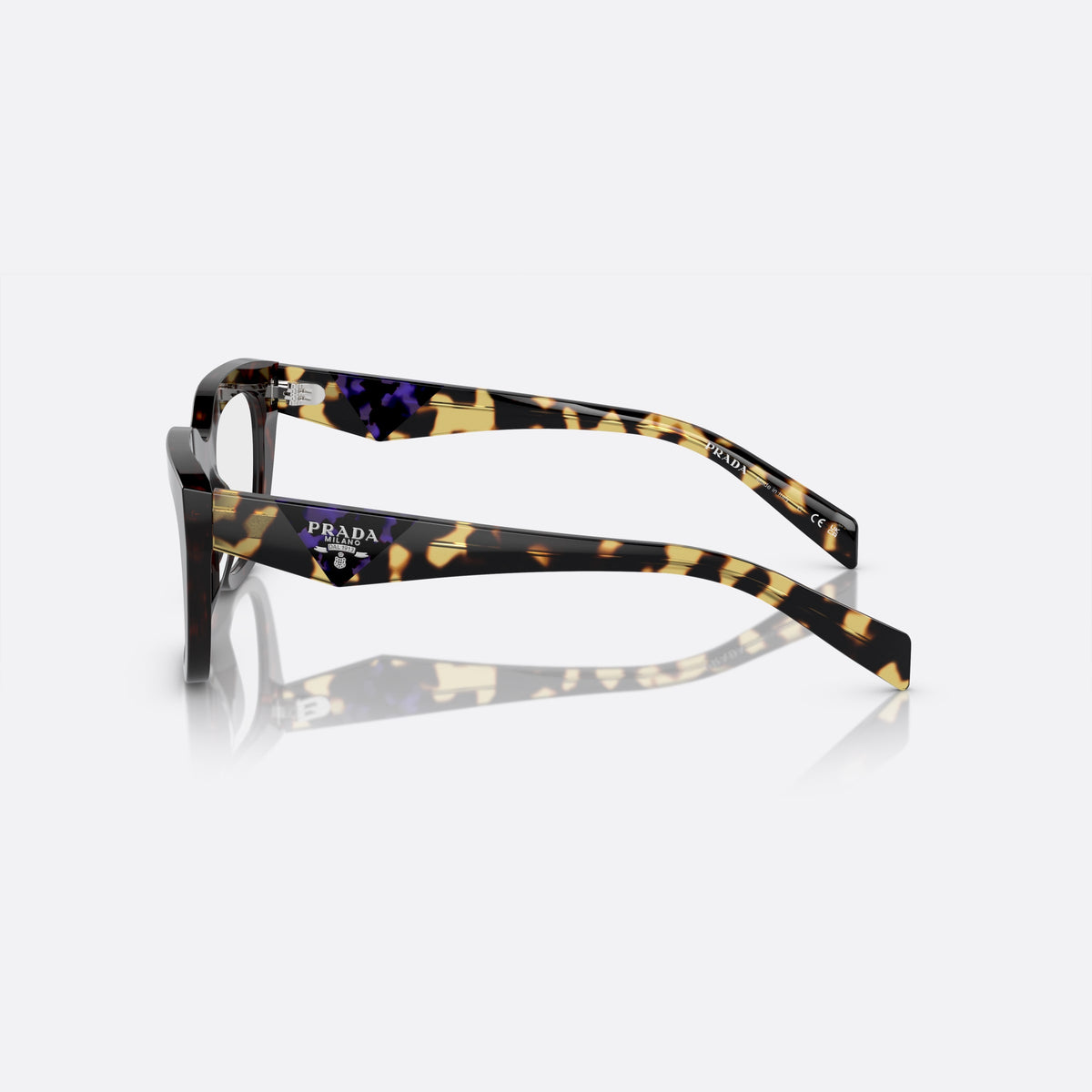 Prada PR A06V 17N-1O1 L eyeglasses, havana geometric frame for women, plain bridge, brand lettering on temples, full-rim frame, side view