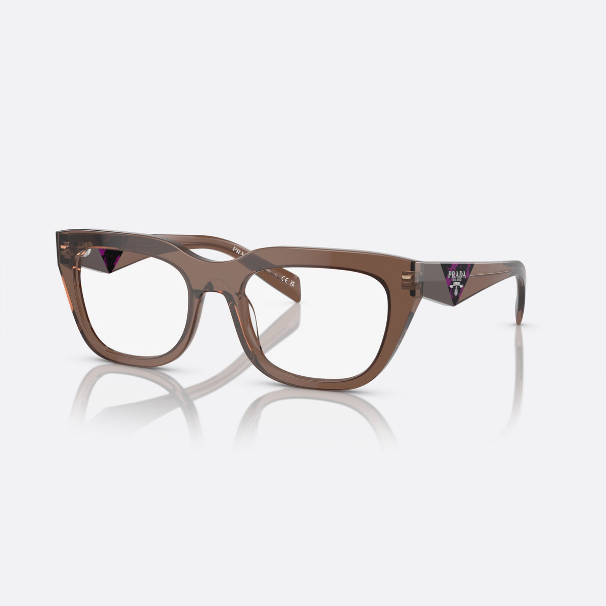 Prada PR A06V 17O-1O1 M eyeglasses, brown geometric frame for women, plain bridge, brand lettering on temples, full-rim frame