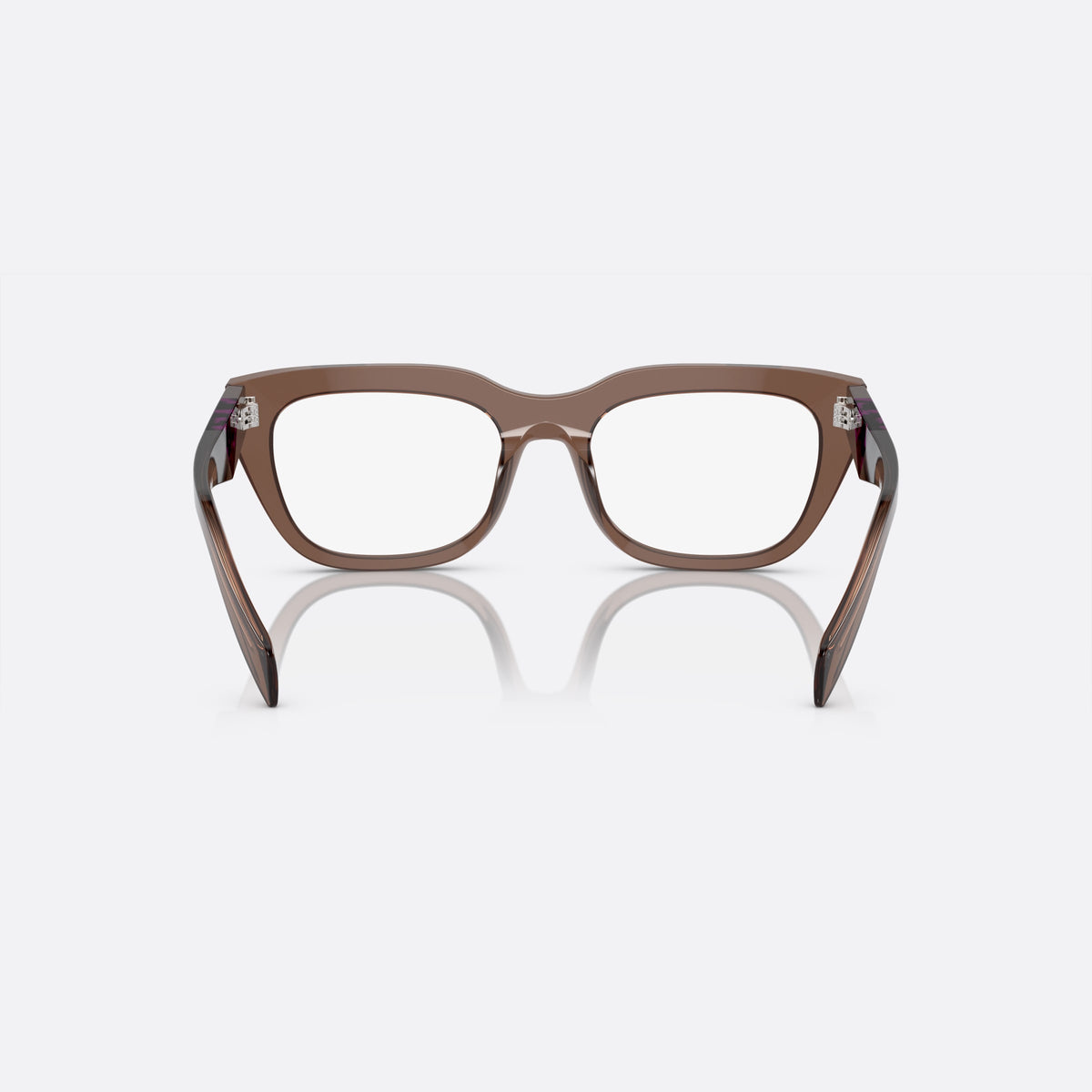 Prada PR A06V 17O-1O1 M eyeglasses, brown geometric frame for women, plain bridge, brand lettering on temples, full-rim frame, back view