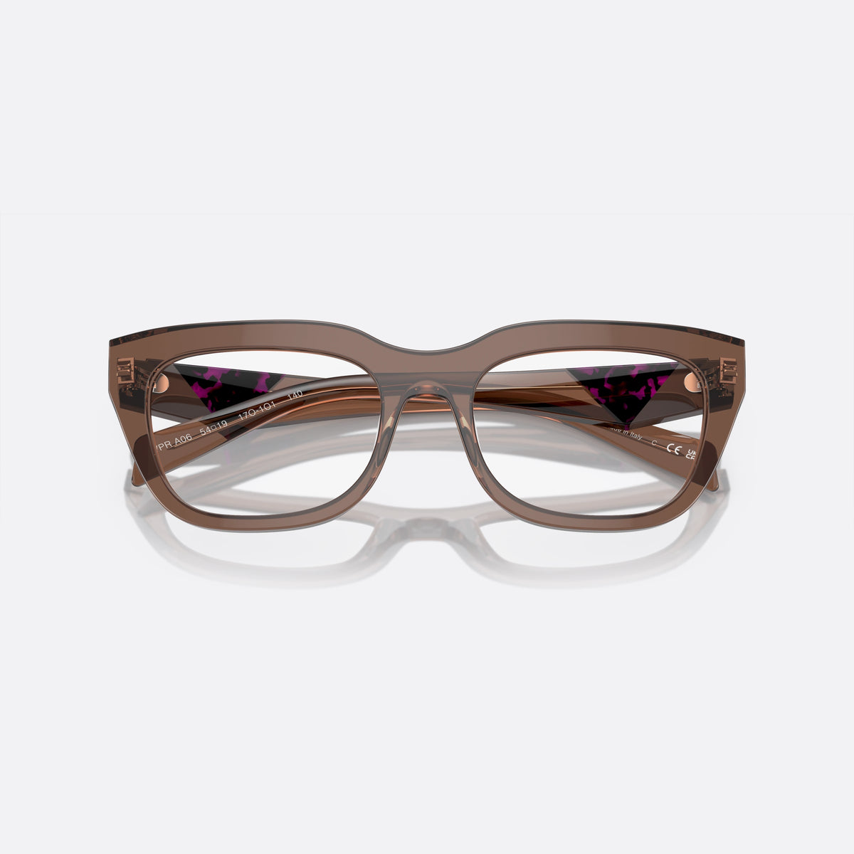 Prada PR A06V 17O-1O1 M eyeglasses, brown geometric frame for women, plain bridge, brand lettering on temples, full-rim frame, folded