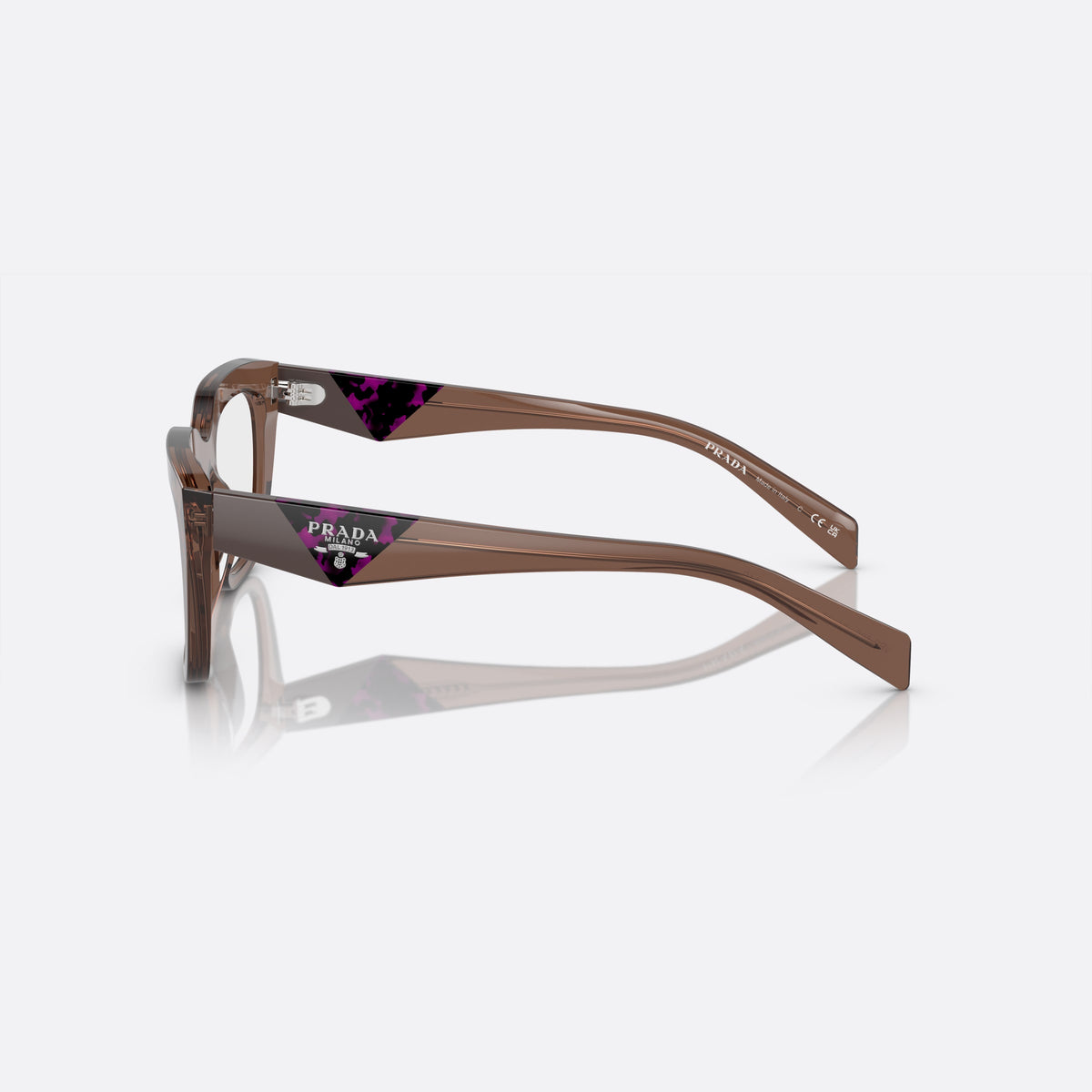 Prada PR A06V 17O-1O1 M eyeglasses, brown irregular frame for women, plain bridge, brand lettering on temples, full-rim front